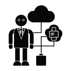 A figure in a suit standing next to a cloud connected to a suitcase icon below. Digital networks Graphic resource for design
