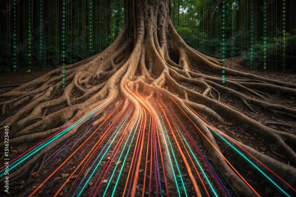 Poster mitigation of climate change requires reducing deforestation concept. a vibrant tree with glowing ro