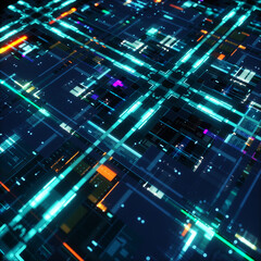 Futuristic digital grid with glowing cyan and orange elements. Complex circuitry pattern evokes...