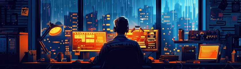 Obraz premium A person working late at a desk surrounded by multiple screens, with a vibrant city skyline illuminated behind them.