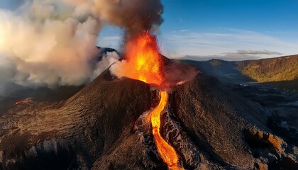 Fotografía profesional, Volcan en erupcion vista aerea desde dron, realista, 4k
