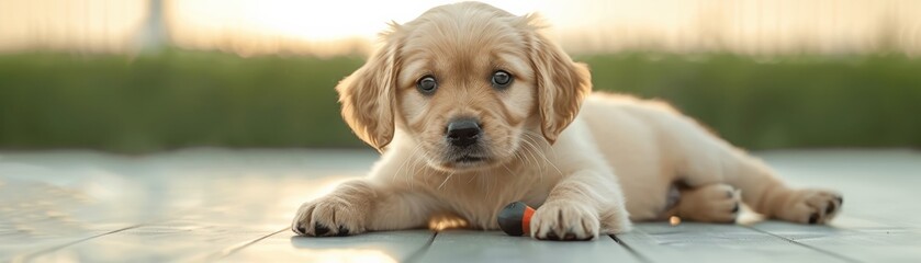A playful golden retriever puppy resting on a wooden floor, capturing the essence of innocence and joy in a serene outdoor setting.