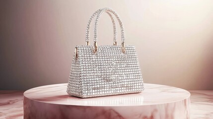 A dazzling diamond bag on a pink marble surface with soft golden lighting.