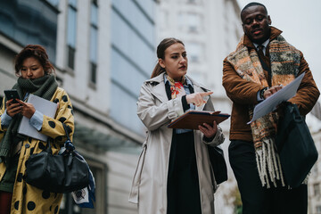 A group of diverse business people walking together, holding documents and collaborating on ideas in an urban setting. They appear engaged in a focused discussion about work-related tasks.