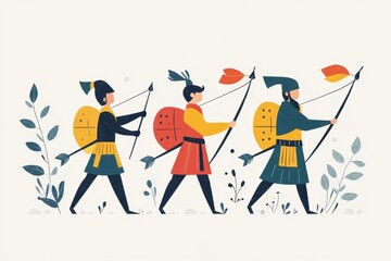 Three stylized warriors walking forward with bows and arrows prepared