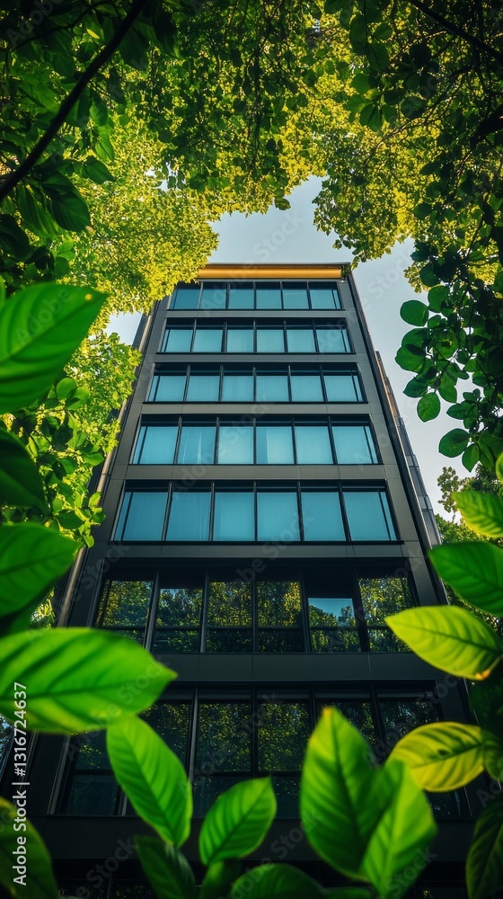 Poster sunlight filters through vibrant leaves, creating a serene atmosphere around a sleek modern structur