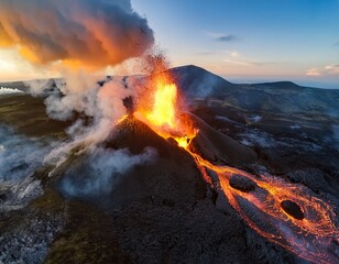 Fotografía profesional, Volcan en erupcion vista aerea desde dron, realista, 4k
