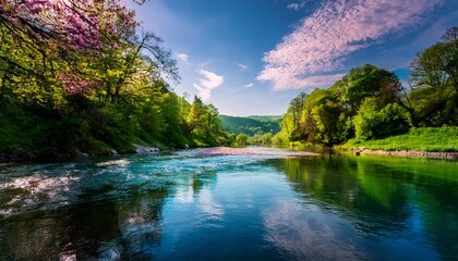 Fototapeta premium tranquila belleza de un río serpenteante, deslizándose elegantemente a través de un panorama verde y floreciente de colores, sus aguas tranquilas refleja el mundo encantador.