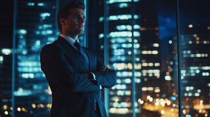 Fototapeta premium Serious corporate lawyer in a skyscraper office, city lights visible through glass windows, ultra-sharp