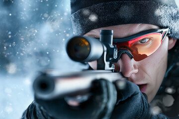 Biathlon Athlete Aiming in Winter – Hyperrealistic Sports Photography Stock Image