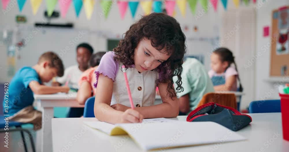 Poster writing, notebook and learning with girl in classroom for future, lesson and students. education, ac