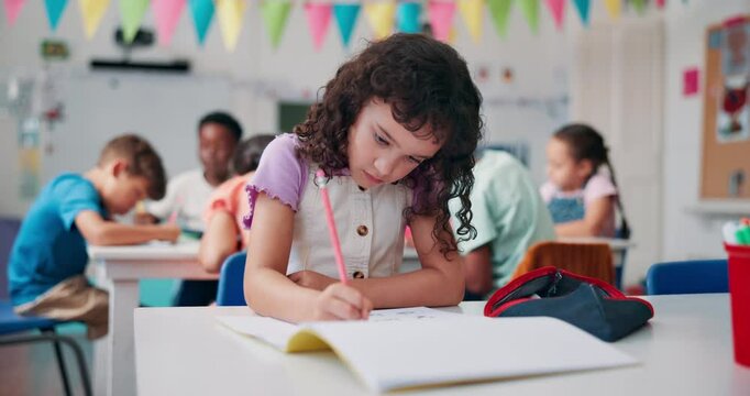 Writing, notebook and learning with girl in classroom for future, lesson and students. Education, academy and knowledge with kid at school for child development, studying and scholarship assessment