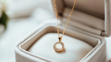 Fototapeta premium A detailed shot of a gold pendant necklace inside a white jewelry box.