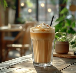 Iced Coffee With Whipped Cream and Nuts in a Cozy Cafe During Afternoon Light