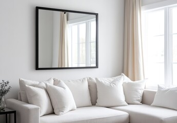 Fototapeta premium Modern living room with beige sectional sofa, white pillows, and large square mirror.