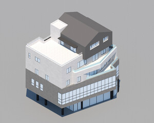 3d isometric illustration of a modern, multi-story building with a contemporary architectural design