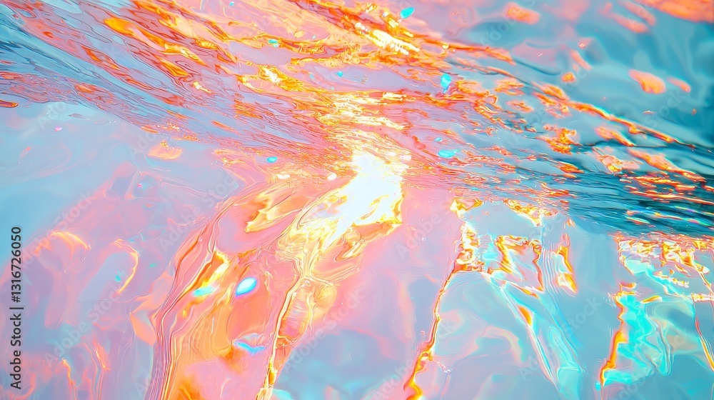 Poster ethereal light reflections, shimmering hues dancing across a smooth surface, creating a captivating 