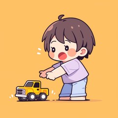 Cute Kid Plays with Toy Truck