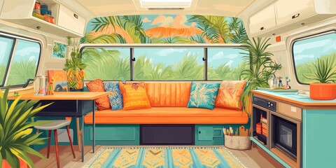 A colorful and cozy camper interior with tropical decor design