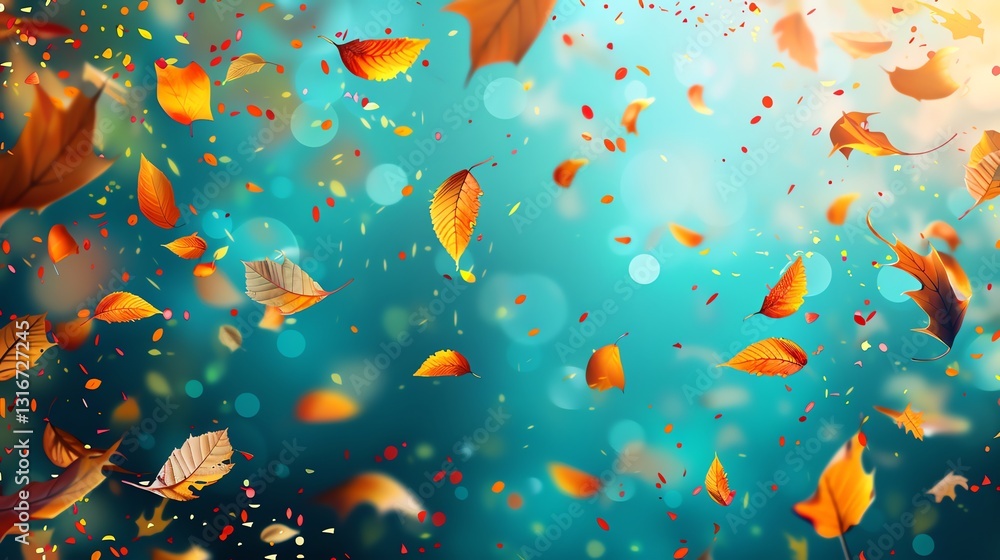 Poster a colorful autumn background with falling leaves and a blurry bokeh effect.