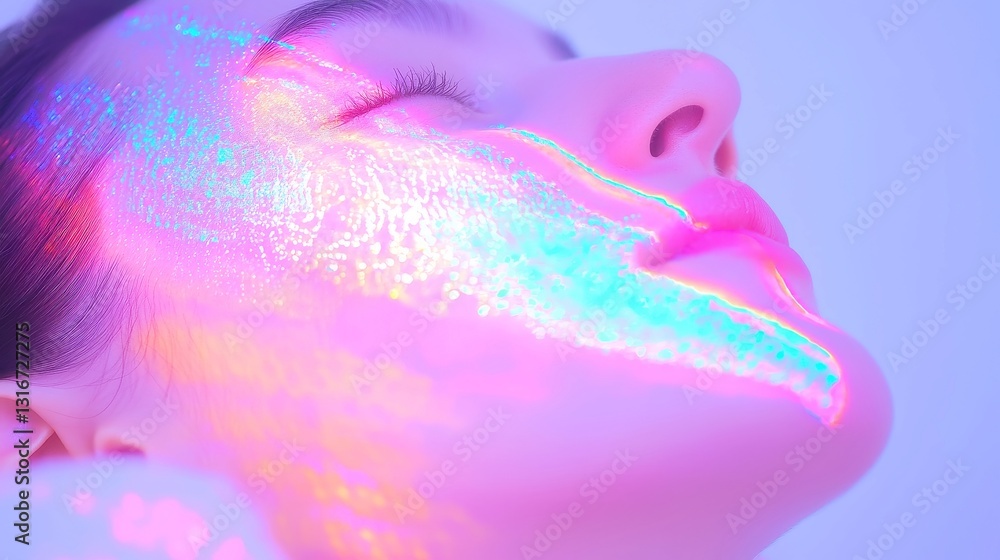 Poster luminous color-changing hologram, vibrant colors shifting in a dynamic display, illuminating the sur