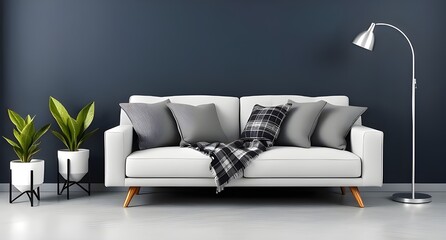 3d beautiful interior with couch and floor lamp