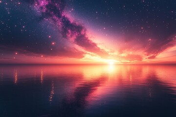 Vibrant sunset reflecting on calm waters with a starry sky filled with cosmic colors