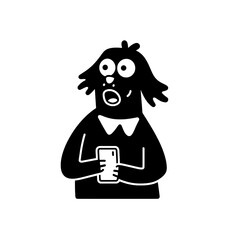 Character expressing surprise while holding a smartphone in a minimalist black and white style