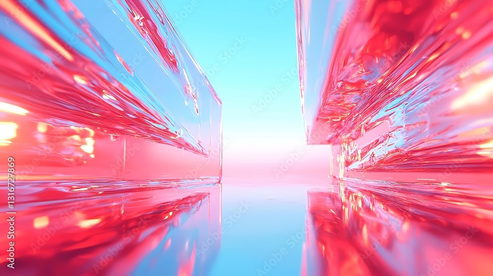 Poster multidimensional prismatic reflection, vibrant colors merging in free space, light refracting throug