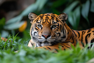Majestic tiger resting in lush green grass, showcasing beauty