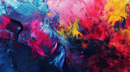 An abstract painting on a canvas with vibrant splashes of red, blue, and yellow, illuminated by soft lighting.