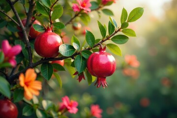 Pomegranate tree in full bloom with numerous colorful flowers surrounding it, flowers, nature, blooming