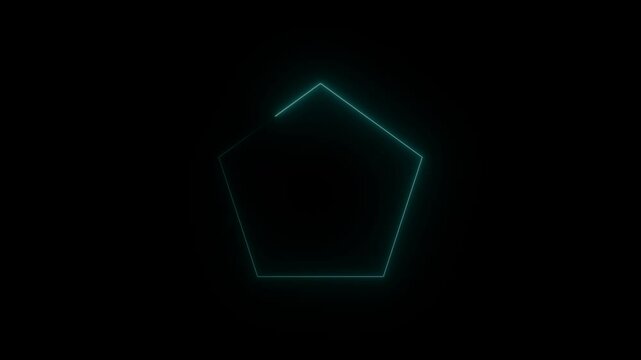 Animated neon pentagon icon on a black  background glowing geometric shape. 4k motion video
