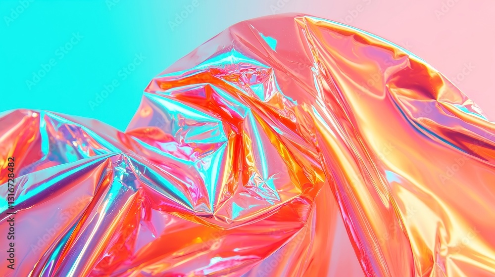 Poster pearlized iridescent foil backdrop, shimmering surface reflecting light, vibrant colors creating a d
