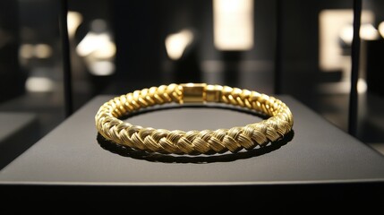 A luxury gold necklace displayed in a high-end boutique jewelry store.