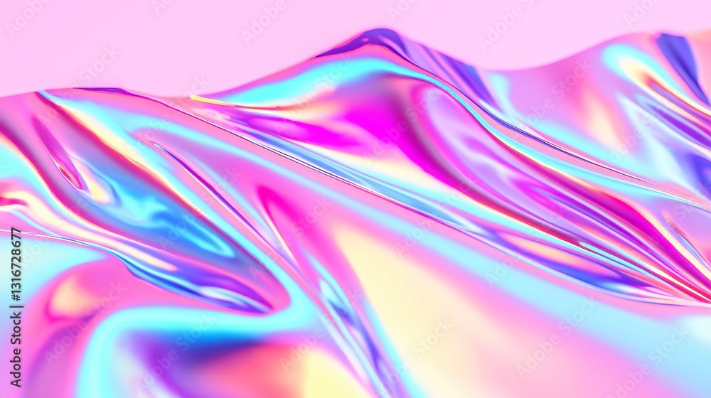Poster psychedelic rainbow foil surface, vibrant colors reflecting light, shimmering patterns creating a me