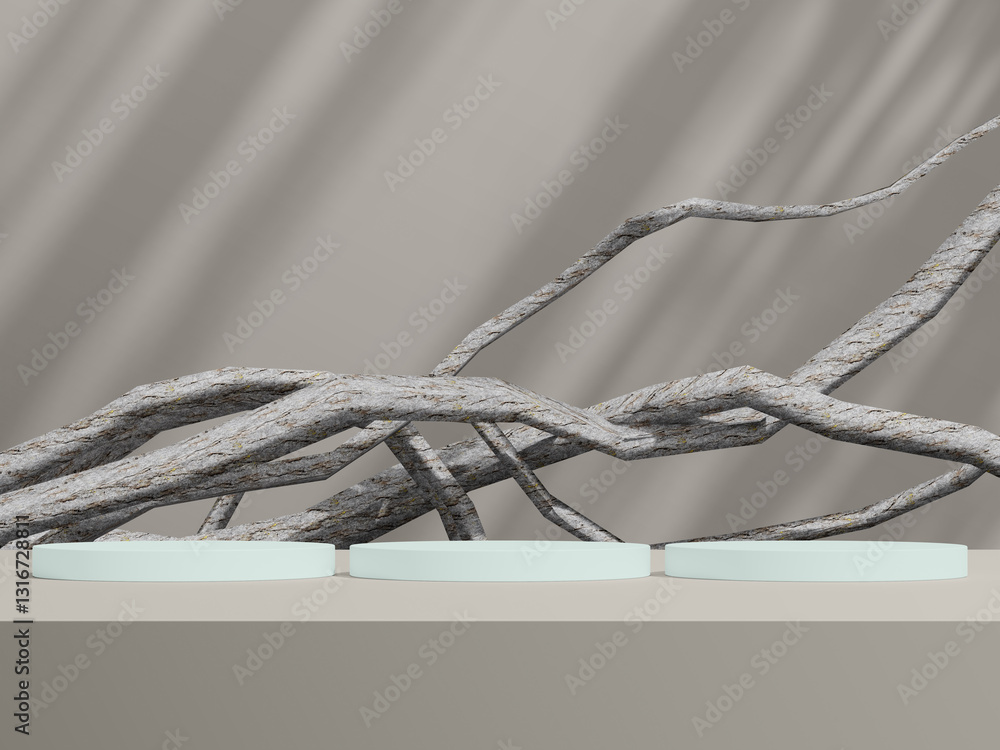 Poster three light blue circular podiums arranged in a neat row, complemented by twisted branches in the ba