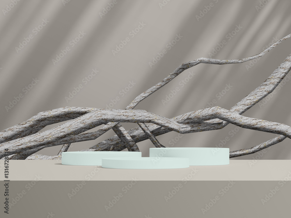 Poster four light blue circular podiums placed in a harmonious layout, with twisting tree branches in the b