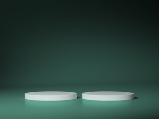 Two white circular podiums arranged in a minimalist style against a dark green background, perfect for product displays.