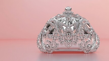 A minimalistic silver and diamond purse placed on a monochrome pink surface.