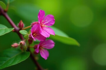 Obraz premium Purple Himalayan Balsam Impatiens glandulifera on green tree branch, botanicals, plants, alpine flowers