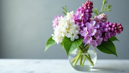 Fototapeta premium Purple lilacs and white flowers in a crystal vase with some delicate greenery, decoration, bouquet
