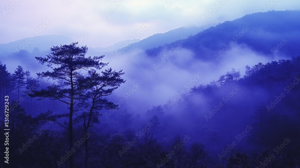 Poster gentle mist drifts through an enchanting landscape of rolling hills and towering trees as the dawn b