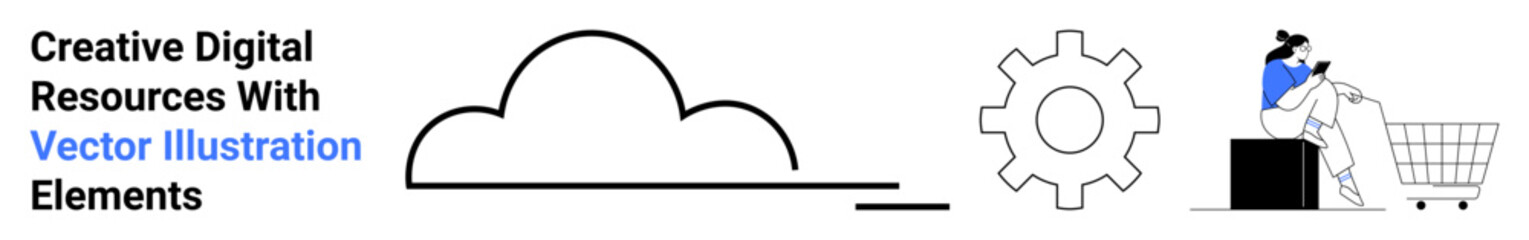 Cloud graphic, gear element, and person in a shopping cart reflect cloud storage, e-commerce, and system automation. Ideal for technology, business, e-commerce, cloud management innovation