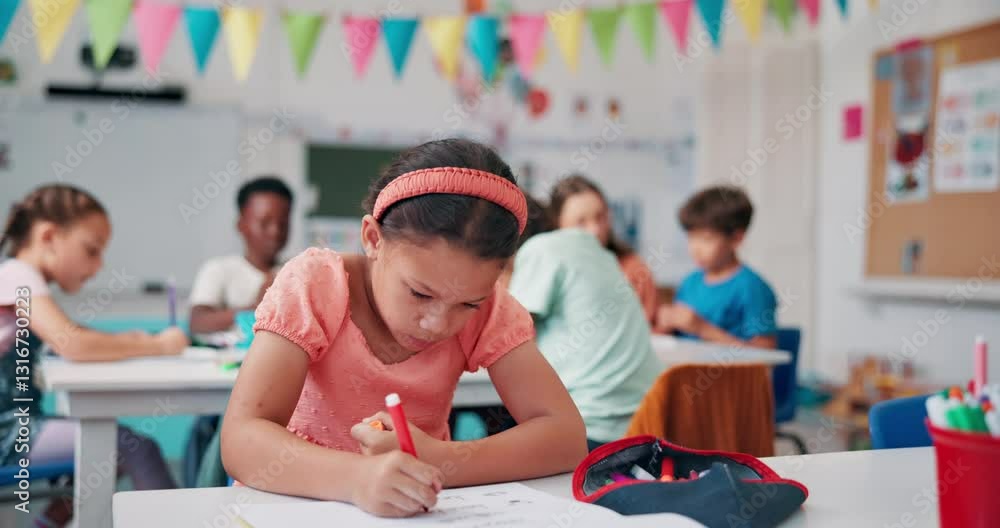 Poster girl, child and writing notes in classroom with books, study or test for knowledge at elementary sch