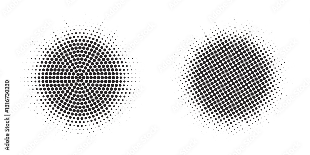 Poster Halftone circle frame background set. Round border Icon using halftone random circle. Grunge circular stain. Vector illustration.