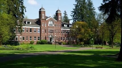 Fototapeta premium Historic Brick Building on a Lush Campus