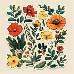 Bright and colorful floral arrangement featuring various flowers and leaves, showcasing vibrant reds, yellows, and greens, perfect for nature lovers and decorative purposes