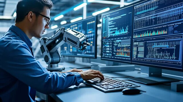 Mechanical engineer running a stress test simulation on a next-gen robotic arm