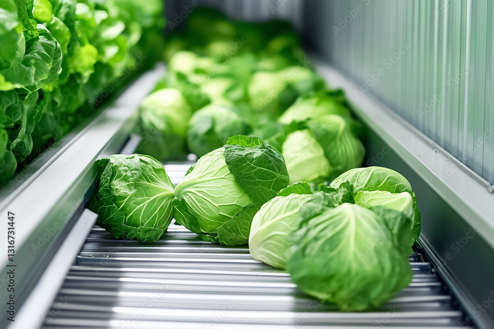 Aufkleber cabbages are smoothly transported on a conveyor belt, showcasing an automated loading system designe